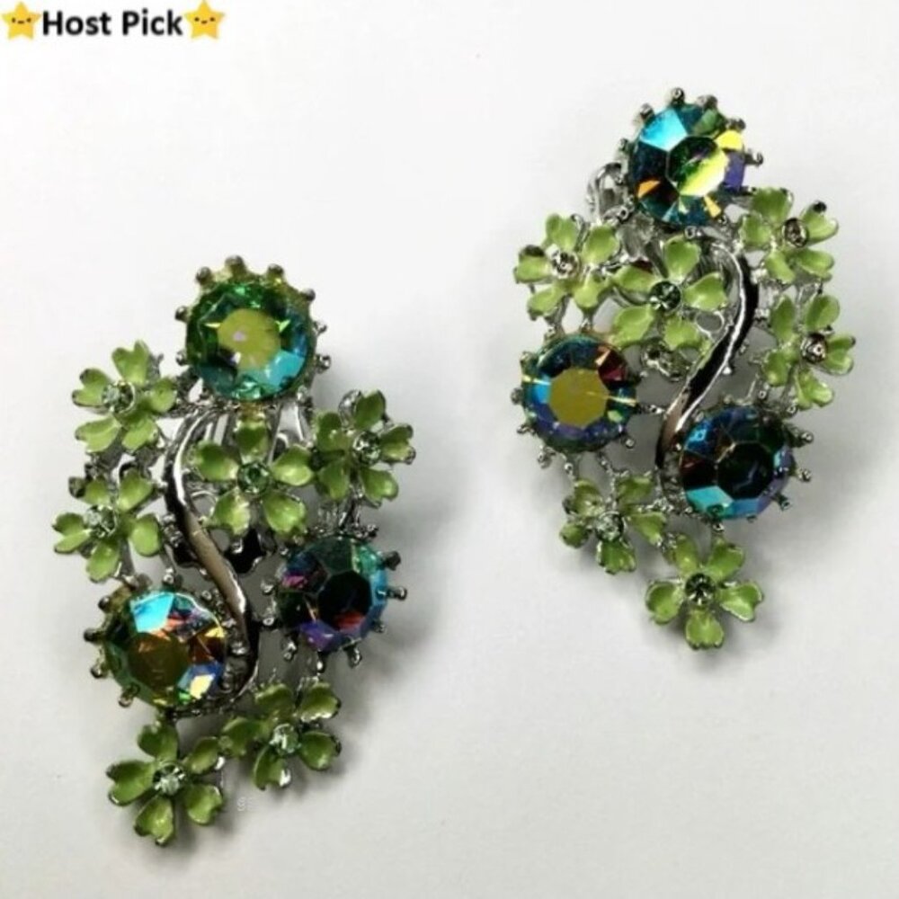 1960s Vtg Silver Tone Statement Clip On Earrings Enamel Flowers & AB Rhinestones
